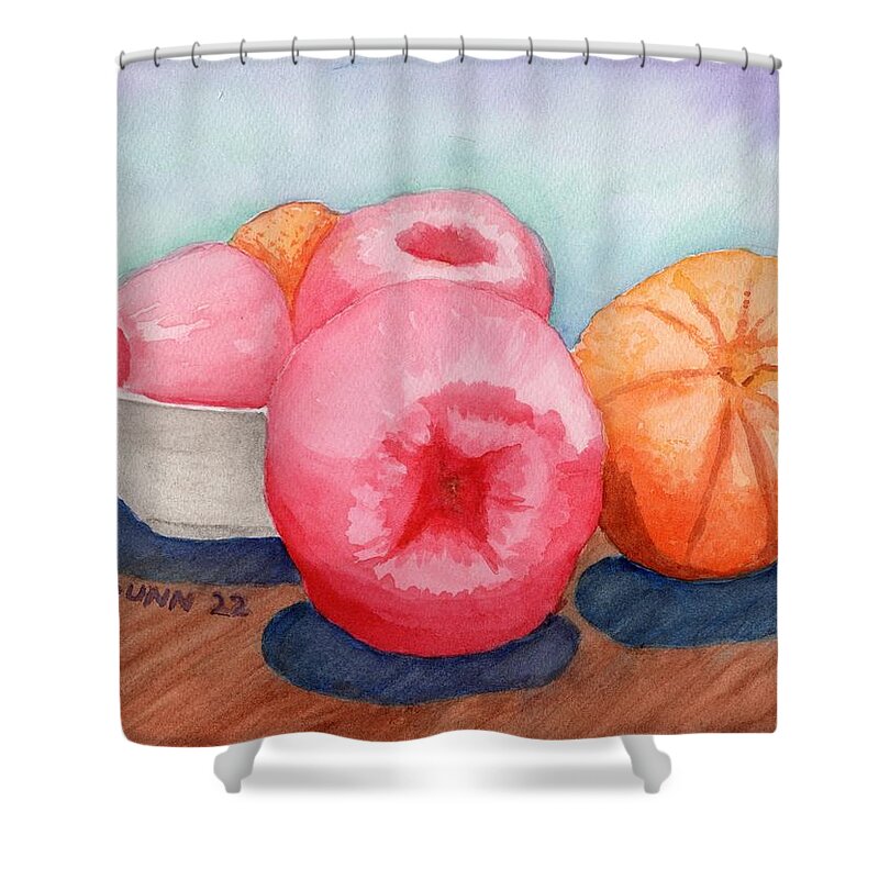 Still Life Shower Curtain featuring the painting Apples and Oranges by Katrina Gunn