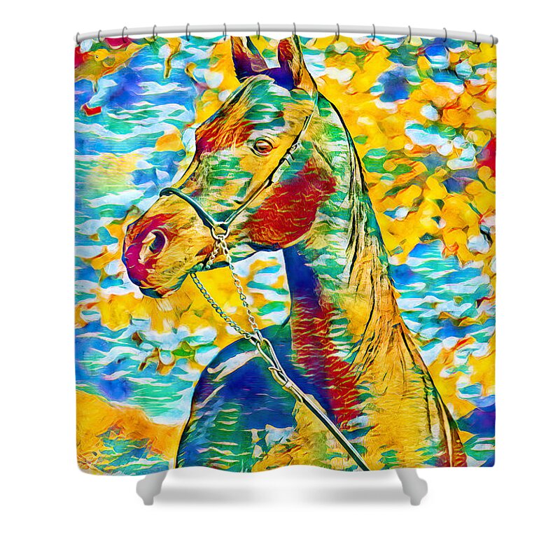 Arabian Horse Shower Curtain featuring the digital art Arabian horse colorful portrait in blue, cyan, green, yellow and red by Nicko Prints