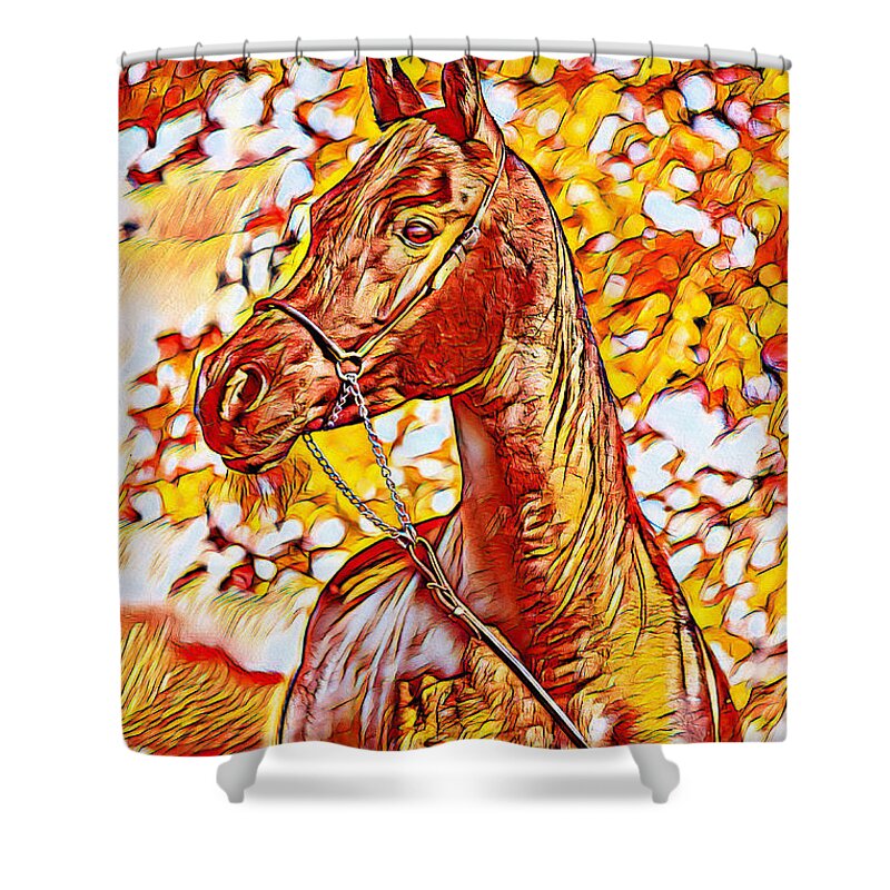 Arabian Horse Shower Curtain featuring the digital art Arabian horse sitting in front of a tree - warm colors digital art by Nicko Prints