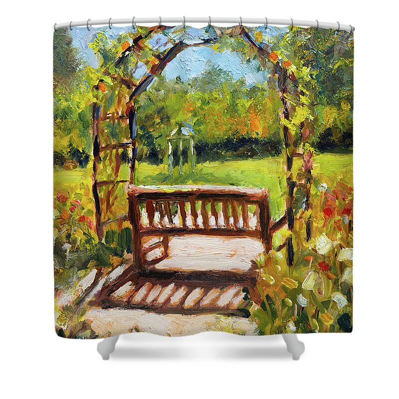 Arbor Shower Curtain featuring the painting Arbor at Avery Park by Mike Bergen