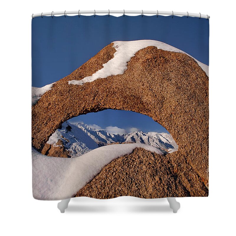 Dave Welling Shower Curtain featuring the photograph Arch In Snow Alabama Hills California by Dave Welling