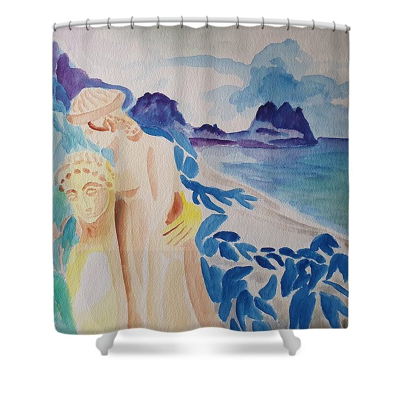 Classical Greek Sculpture Shower Curtain featuring the painting Archaic Couple and the Sea by Enrico Garff