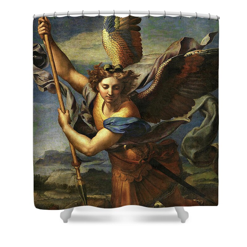 Raphael Shower Curtain featuring the painting Archangel Michael Vanquishing Satan by Raphael