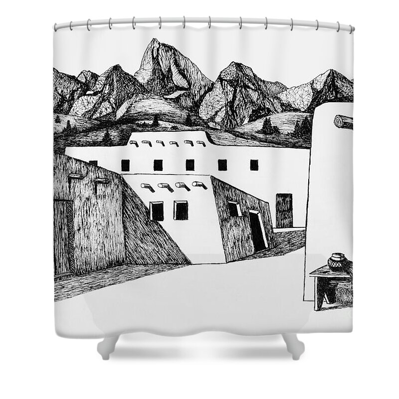 Navajo Pueblo Shower Curtain featuring the drawing Arizonia Pueblo by Garry McMichael