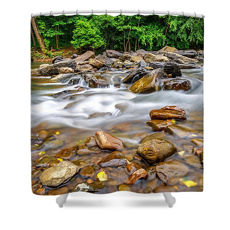White Water Rocks Shower Curtain featuring the photograph Arkansas Natural Dam Waterfalls NIne by Dave Melear