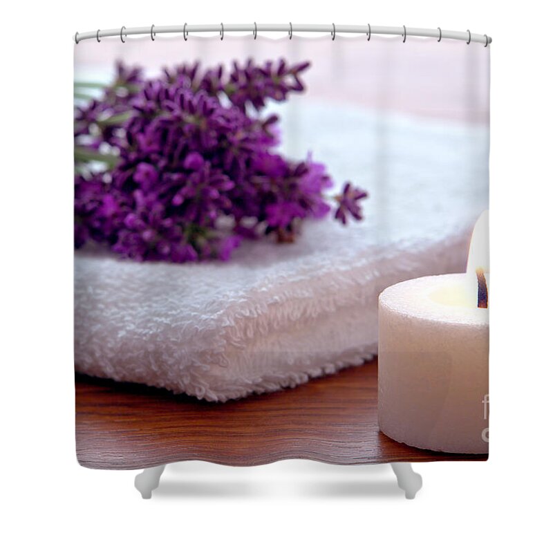 Aromatherapy Shower Curtain featuring the photograph Aromatherapy Candle with Lavender Flowers on White Bath Towel in by Olivier Le Queinec