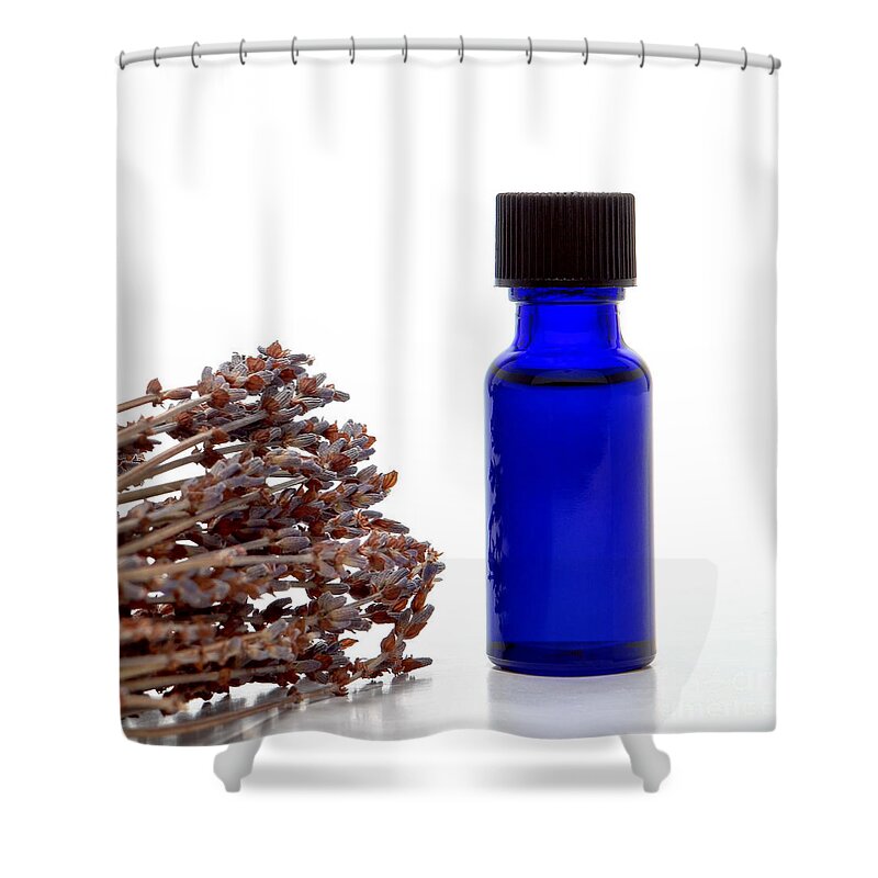Aromatherapy Shower Curtain featuring the photograph Aromatherapy Lavender Extract Essential Oil Bottle by Olivier Le Queinec
