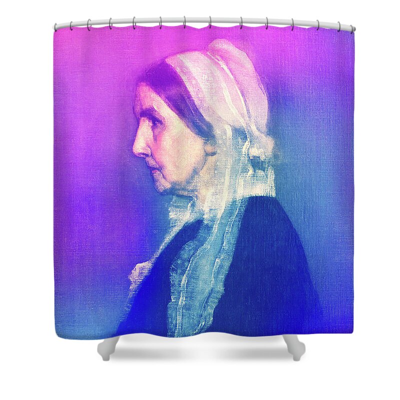 Arrangement In Grey And Black No. 1 Shower Curtain featuring the digital art Arrangement in Grey and Black No. 1 by James Abbott McNeill Whistler - close-up in blue and violet by Nicko Prints