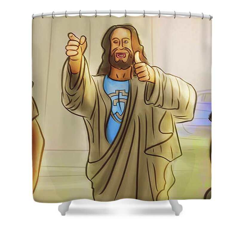 Jesus Shower Curtain featuring the digital art Art - Jesus with the Gas Monkeys by Matthias Zegveld