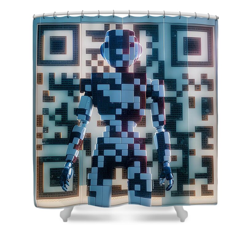 Ai Robot Shower Curtain featuring the digital art Art Meets QR Code Technology - Engage with Scannable AI Robot QR Code Art by Artvizual
