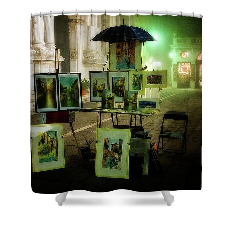 Venice Shower Curtain featuring the photograph Art stand in Venice by night by Wolfgang Stocker