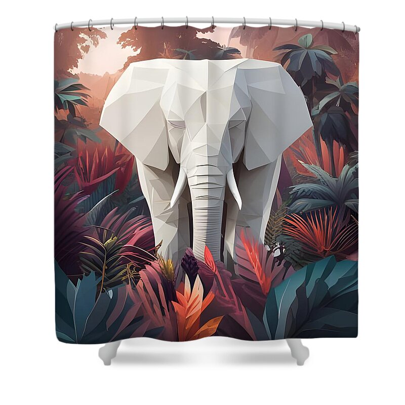White Paper Sculpture Shower Curtain featuring the digital art Artistic White Paper Elephant Sculpture in Low Poly Style by Artvizual Premium