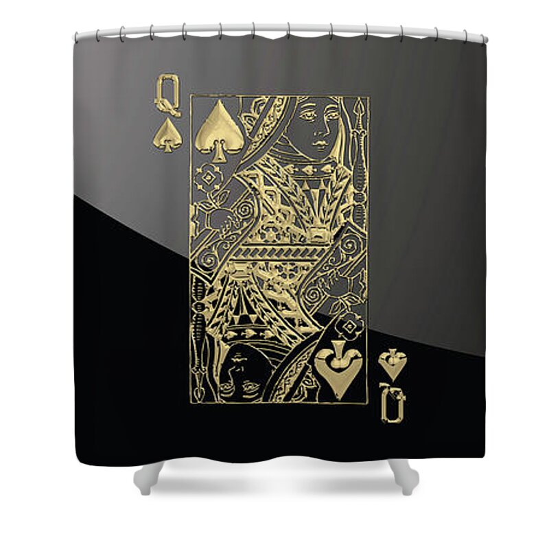 'gamble' Collection By Serge Averbukh Shower Curtain featuring the digital art Queen of Spades in Gold on Black  by Serge Averbukh