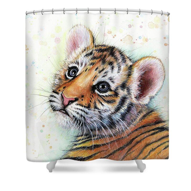 Tiger Shower Curtain featuring the painting Tiger Cub Watercolor Painting by Olga Shvartsur