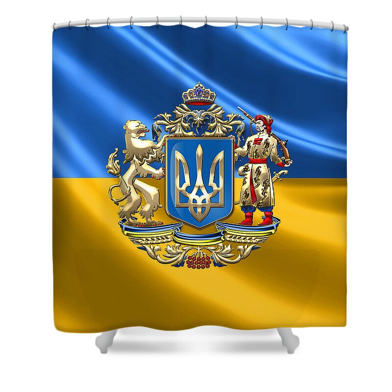 World Heraldry Collection By Serge Averbukh Shower Curtain featuring the digital art Ukraine - Proposed Greater Coat of Arms over Ukrainian Flag by Serge Averbukh