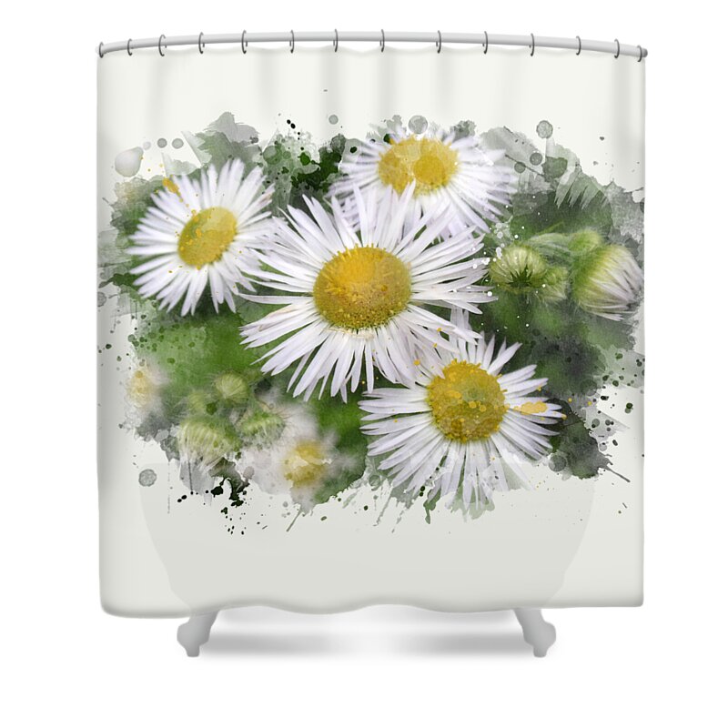 Daisy Shower Curtain featuring the mixed media Daisy Watercolor Flowers by Christina Rollo
