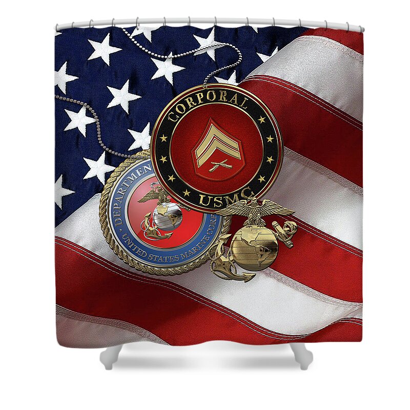 Military Insignia & Heraldry Collection By Serge Averbukh Shower Curtain featuring the digital art U.S. Marine Corporal Rank Insignia with Seal and EGA over American Flag by Serge Averbukh