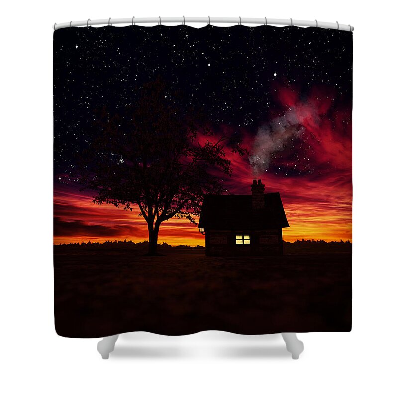 Little House At Sunset Shower Curtain featuring the painting Little House At Sunset by Two Hivelys