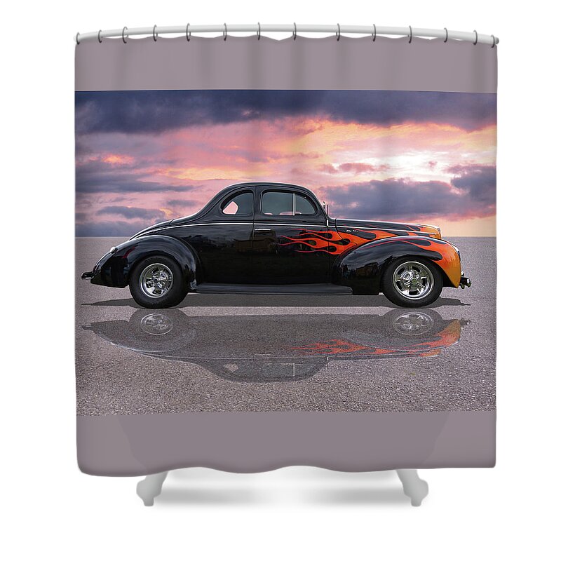 Hotrod Shower Curtain featuring the photograph Reflections Of A 1940 Ford Deluxe Hot Rod With Flames by Gill Billington