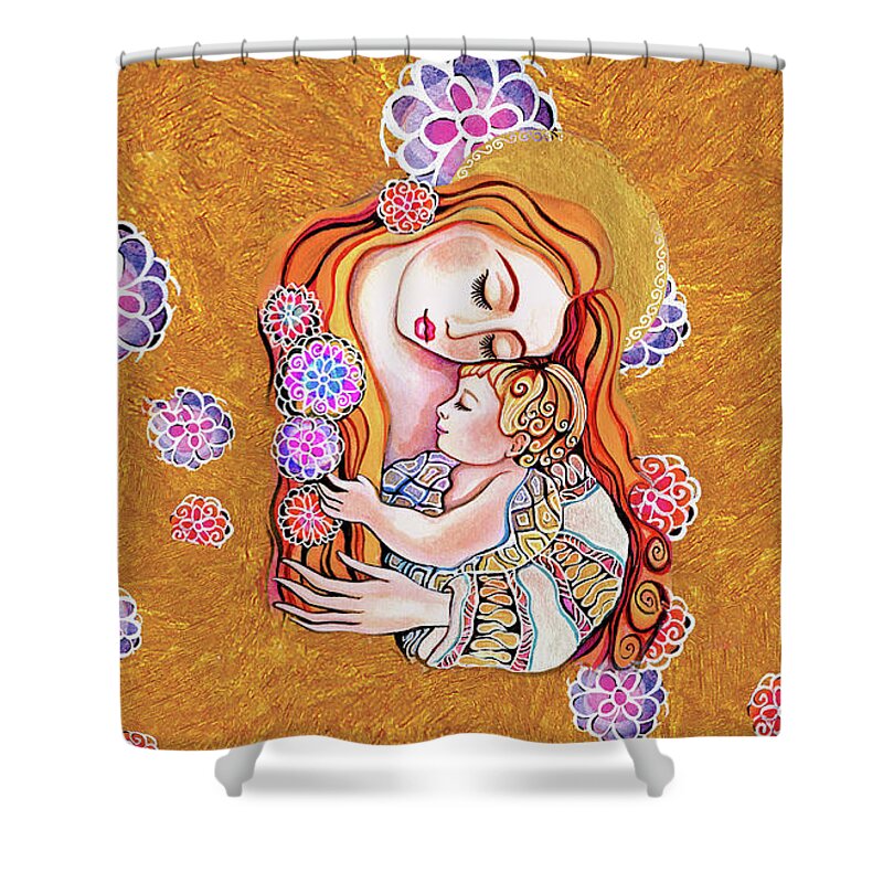 Mother And Child Shower Curtain featuring the painting Little Angel Sleeping v1 by Eva Campbell
