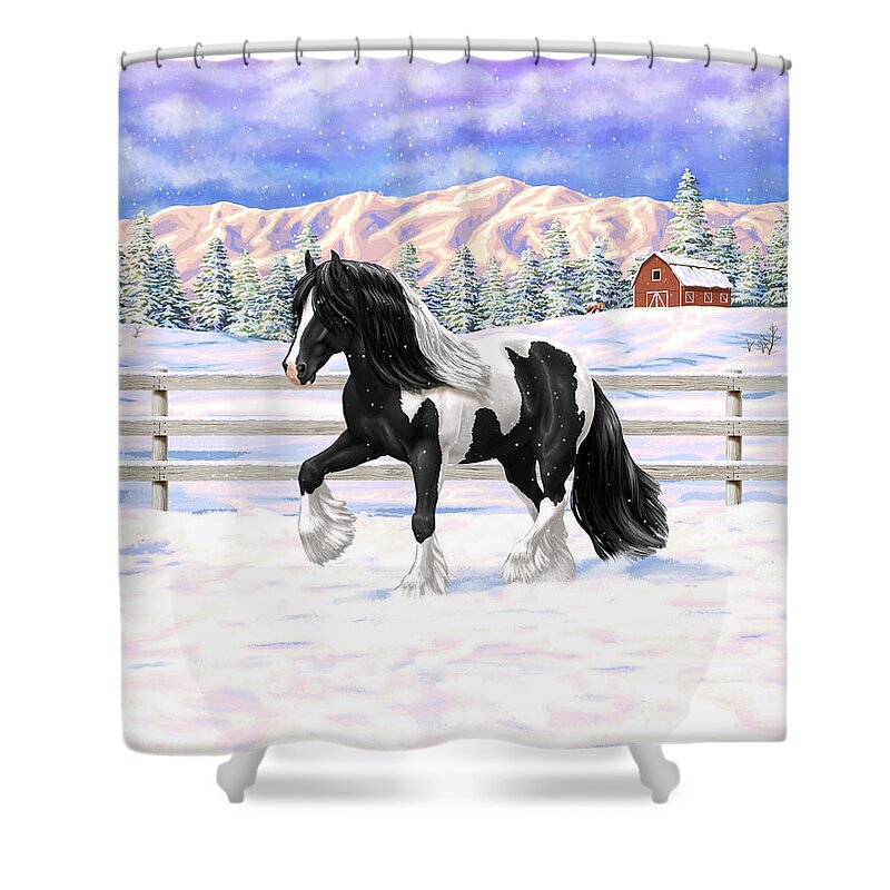 Horses Shower Curtain featuring the painting Black Pinto Gypsy Vanner In Snow by Crista Forest