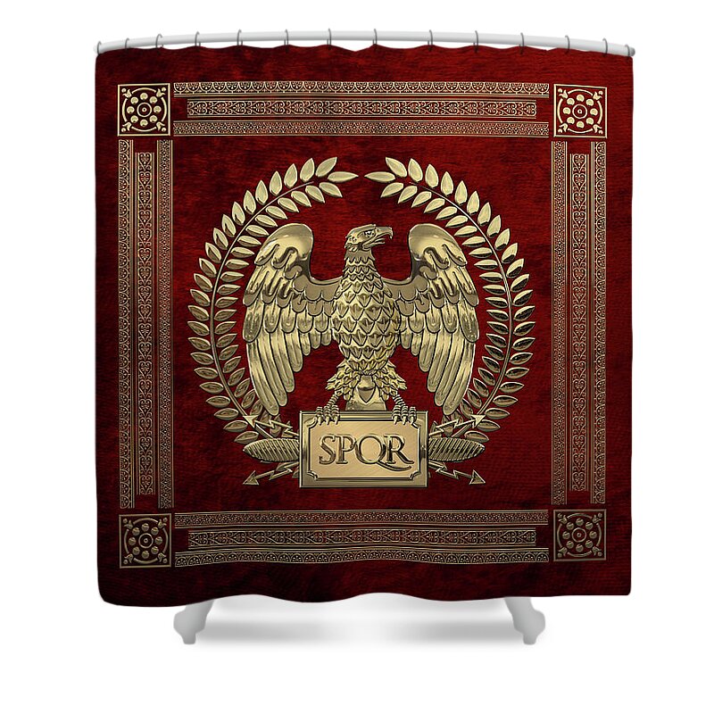 ‘treasures Of Rome’ Collection By Serge Averbukh Shower Curtain featuring the digital art Roman Empire - Gold Imperial Eagle over Red Velvet by Serge Averbukh