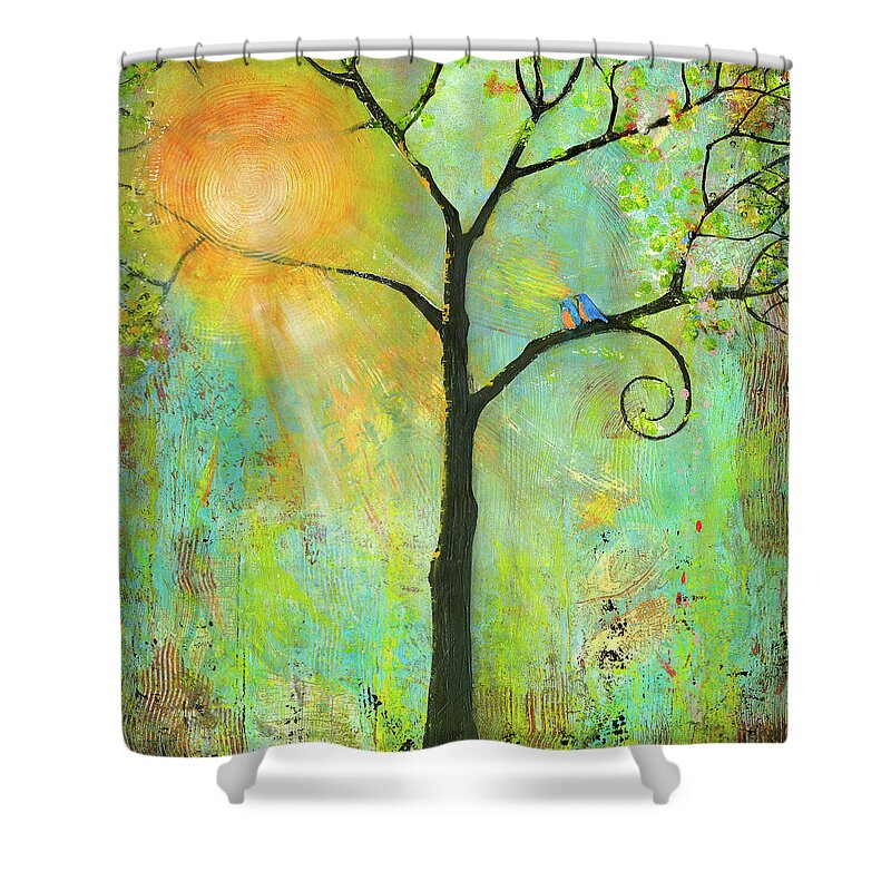 Tree Shower Curtain featuring the painting Hello Sunshine Tree Birds Sun by Blenda Studio