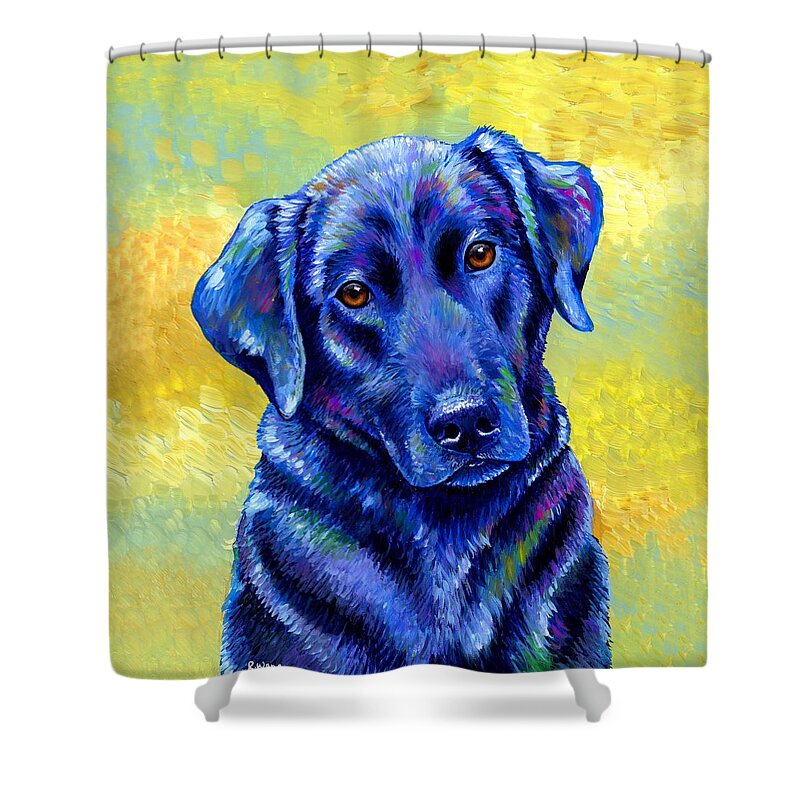 Labrador Retriever Shower Curtain featuring the painting Loyal Companion - Colorful Black Labrador Retriever Dog by Rebecca Wang