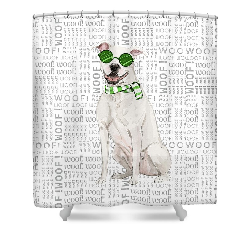 American Staffordshire Terrier Shower Curtain featuring the digital art White Pit Bull Fleas Navidog by Doreen Erhardt