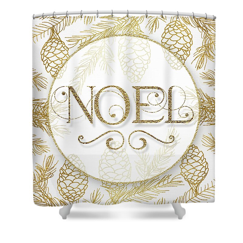 Christmas Shower Curtain featuring the digital art Noel Christmas Typography in Gold and White Pine Branches by Doreen Erhardt