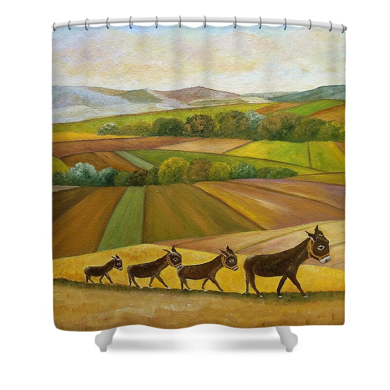 Jaral Shower Curtain featuring the painting Sunday Promenade by Angeles M Pomata