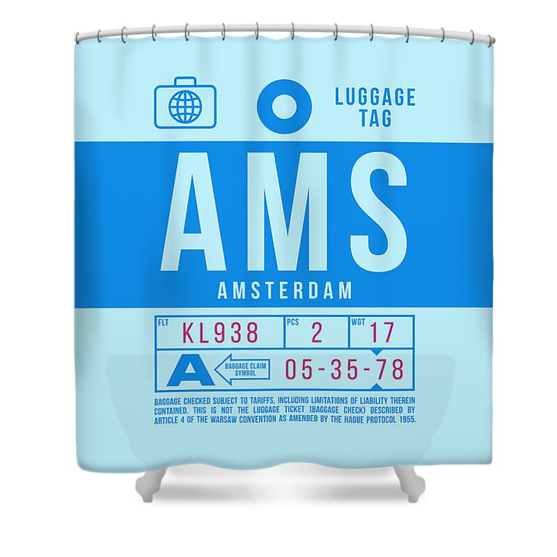 Airline Shower Curtain featuring the digital art Luggage Tag B - AMS Amsterdam Netherlands by Organic Synthesis