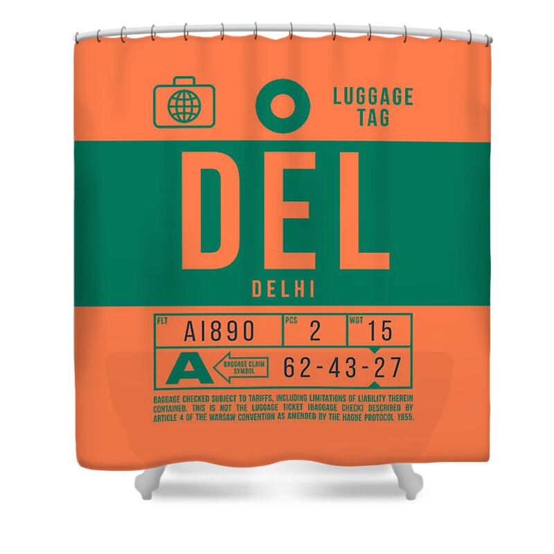 Airline Shower Curtain featuring the digital art Luggage Tag B - DEL Delhi India by Organic Synthesis