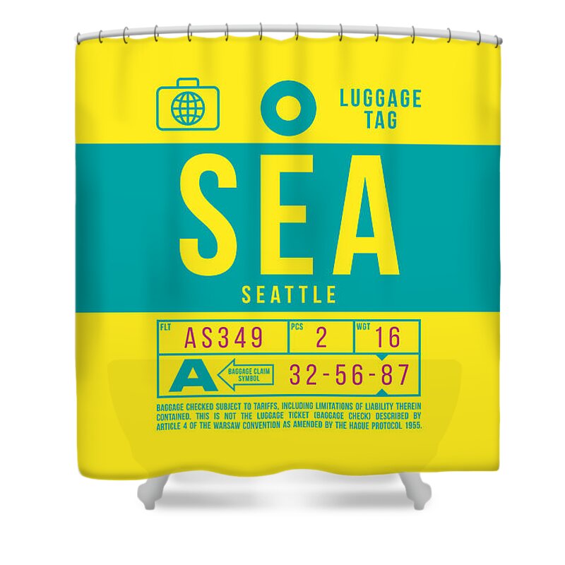 Airline Shower Curtain featuring the digital art Luggage Tag B - SEA Seattle USA by Organic Synthesis