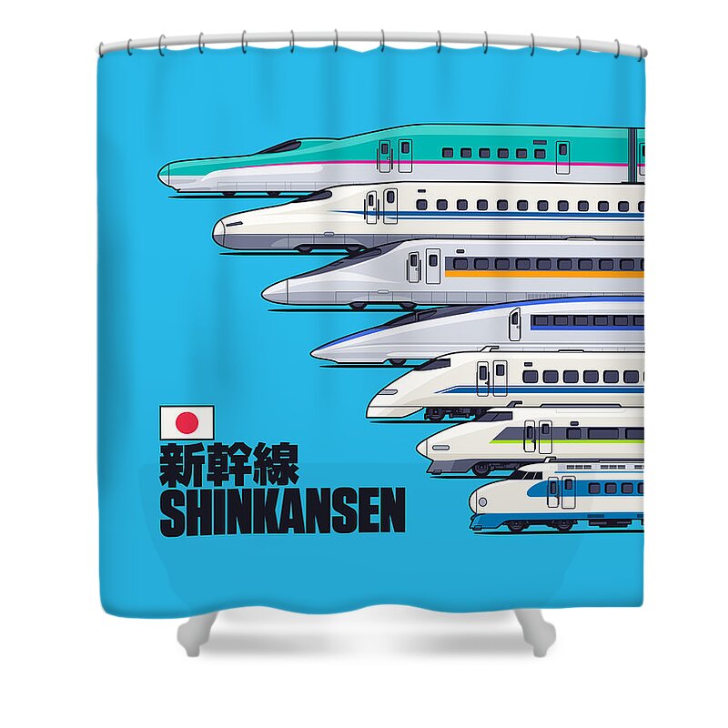Train Shower Curtain featuring the digital art Shinkansen Bullet Train Evolution - Cyan by Organic Synthesis