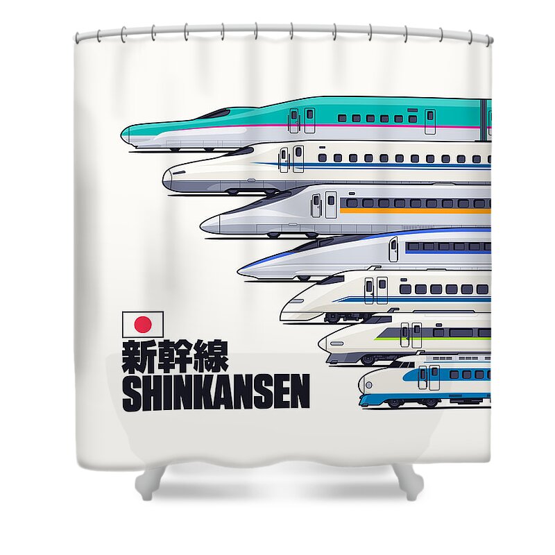 Train Shower Curtain featuring the digital art Shinkansen Bullet Train Evolution - White by Organic Synthesis