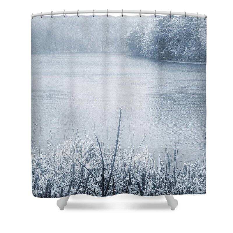 Snowfall Shower Curtain featuring the digital art Snowy River Landscape by Phil Perkins