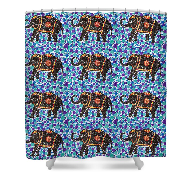 Elephant Shower Curtain featuring the drawing Irrelephant Bright Pen and Ink Circles Drawing of an Elephant by Ali Baucom
