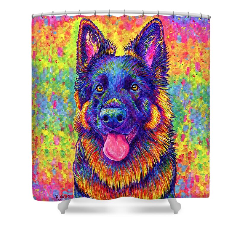 German Shepherd Shower Curtain featuring the painting Psychedelic Rainbow German Shepherd Dog by Rebecca Wang