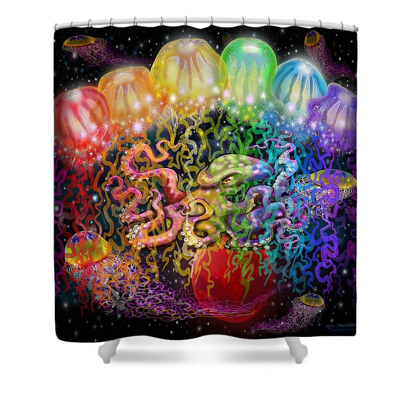 Space Shower Curtain featuring the digital art Outer Space Rainbow Alien Tentacles by Kevin Middleton