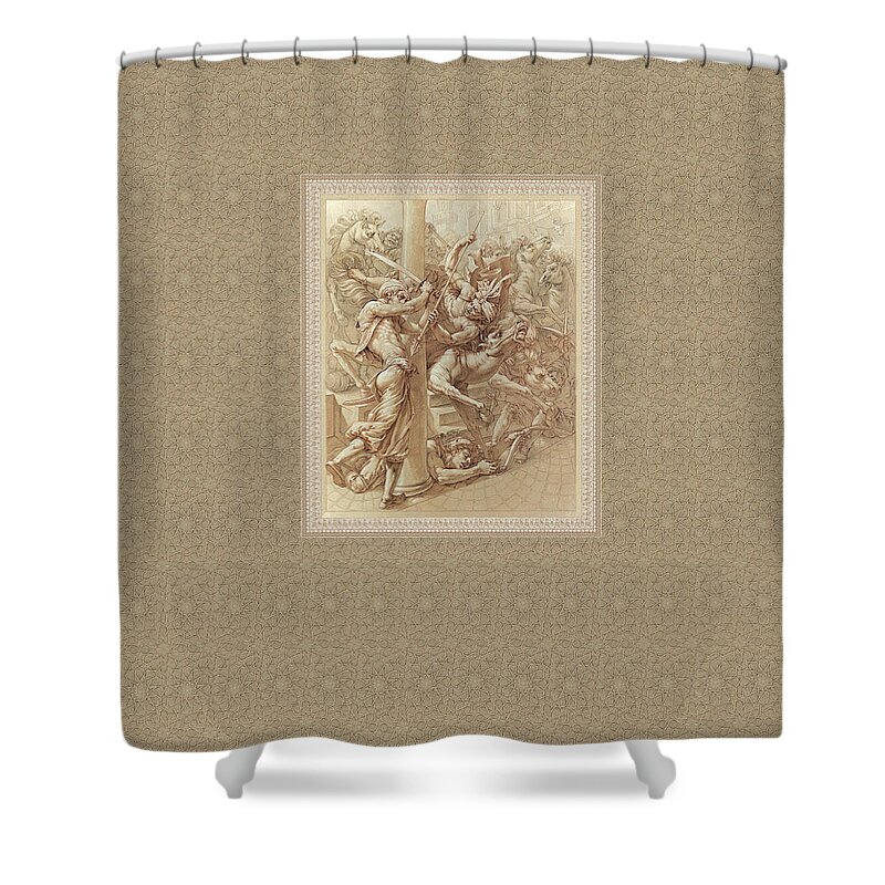 Arabian Horse Shower Curtain featuring the painting Battle Scene by Kurt Wenner