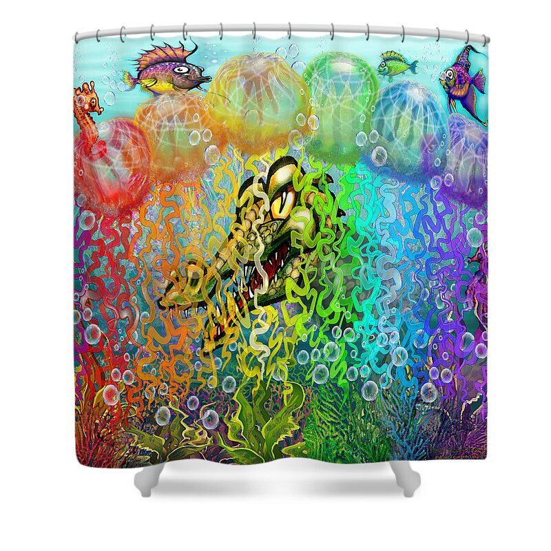 Aquatic Shower Curtain featuring the digital art Smile of the Crocodile by Kevin Middleton