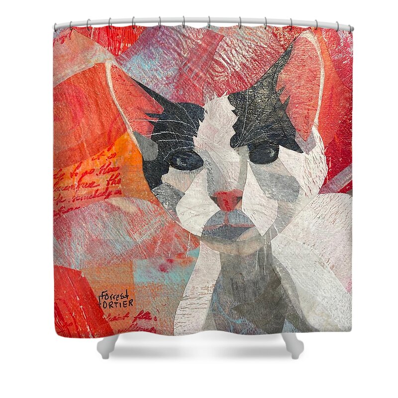 Cat Shower Curtain featuring the mixed media Hello There by Forrest Fortier
