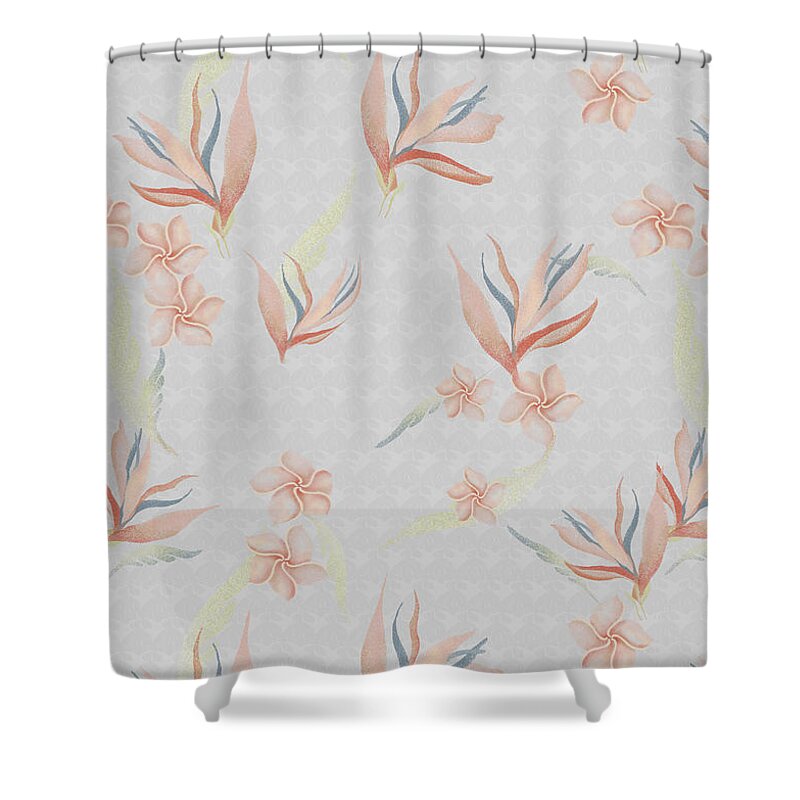Bird Of Paradise Shower Curtain featuring the digital art Bird of Paradise with Plumeria Blossoms Floral Print by Sand And Chi