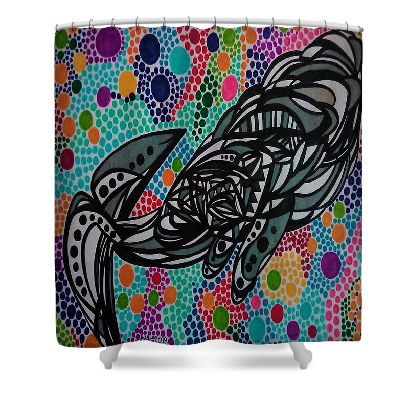 Humpback Shower Curtain featuring the mixed media Whale Journey by Peter Johnstone