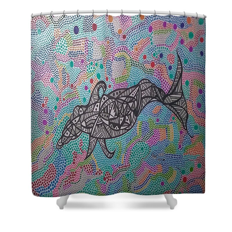 Dolphin Shower Curtain featuring the mixed media Spotted Dolphin by Peter Johnstone