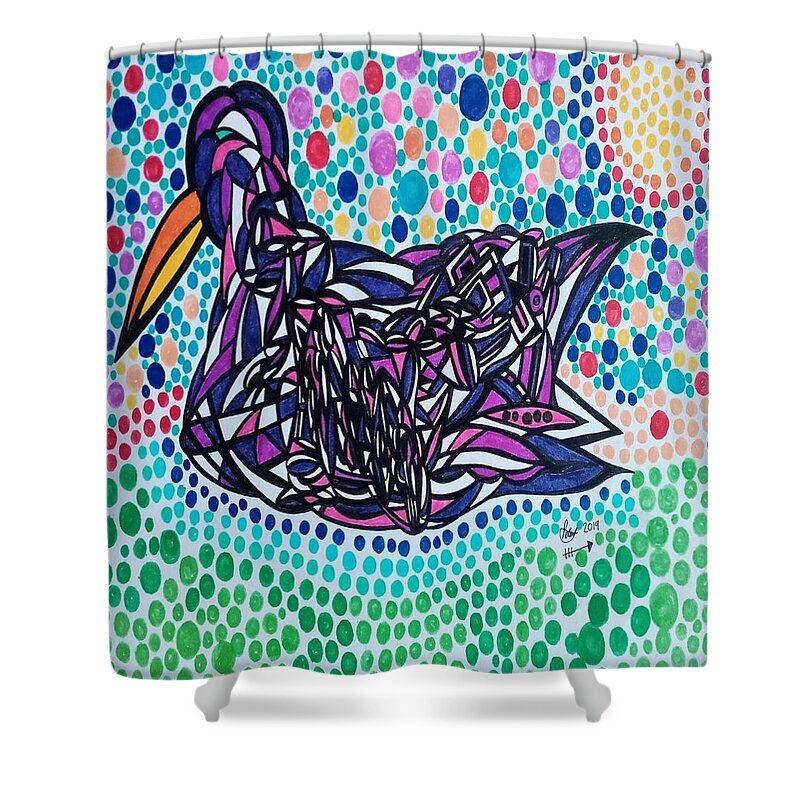Duck Shower Curtain featuring the mixed media Lucky Ducky by Peter Johnstone