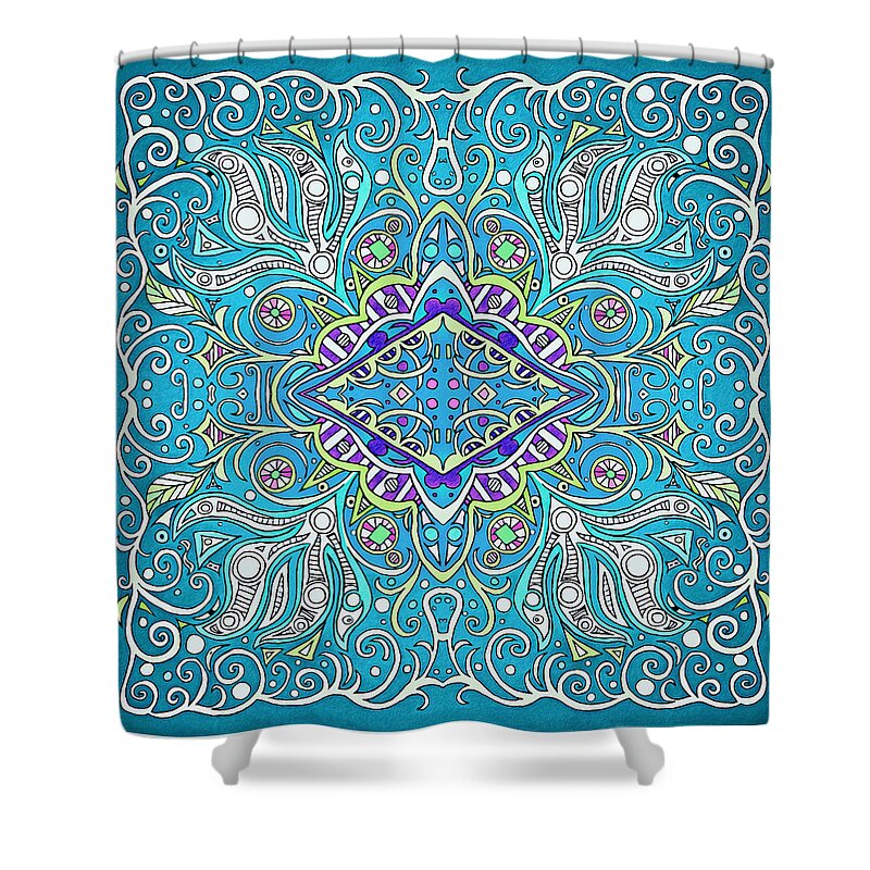 Turquoise Shower Curtain featuring the mixed media Turquoise on Turquoise with a Boat Making Waves in the Middle by Lise Winne