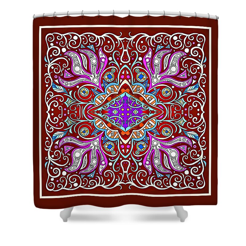 Dark Red Square Shower Curtain featuring the mixed media Dark Red Symmetrical Square Design with Blue, Fuchsia and Orange Details by Lise Winne