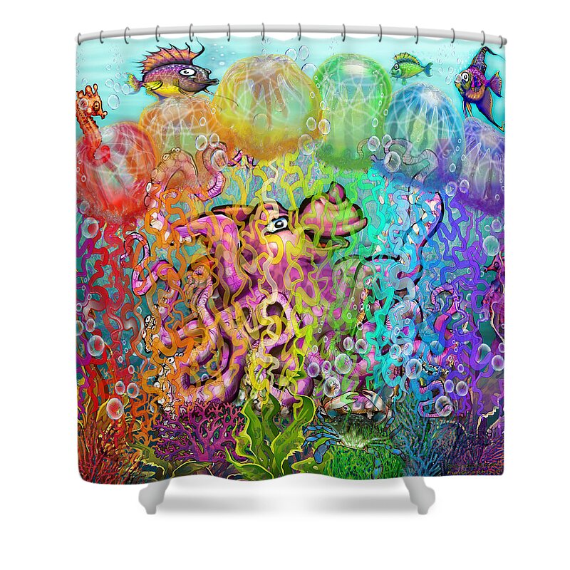 Aquatic Shower Curtain featuring the digital art Fantasy Rainbow Tentacles by Kevin Middleton